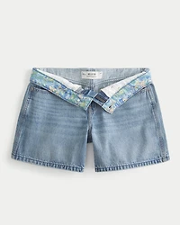 Low-Rise Medium Wash Foldover Waist Baggy Denim Shorts 5"
