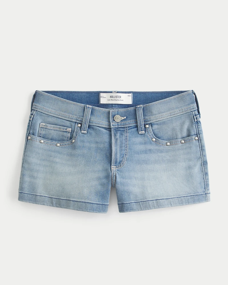 Low-Rise Medium Wash Studded Denim Shortie Shorts