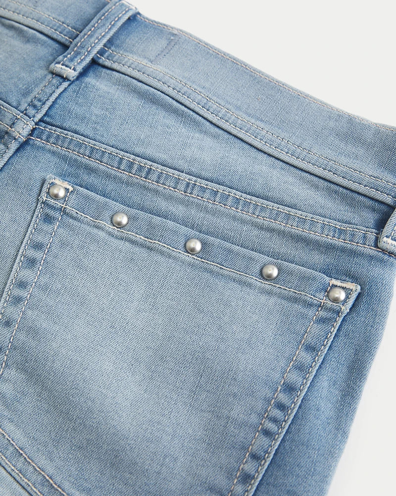 Low-Rise Medium Wash Studded Denim Shortie Shorts