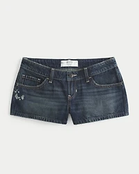 Ultra Low-Rise Dark Wash Butterfly Embroidered Denim Mini Shorts