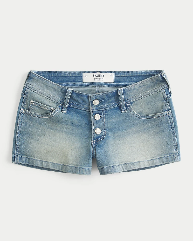 Ultra Low-Rise Medium Wash Denim Shortie Shorts