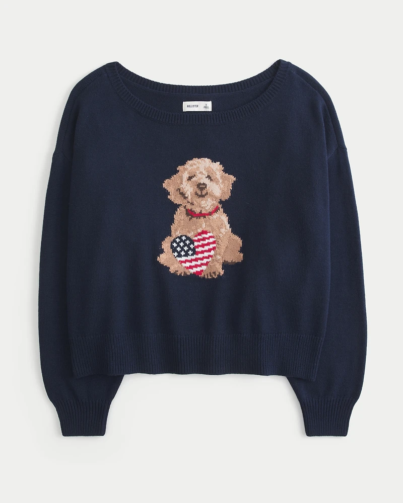 Easy Off-the-Shoulder Dog Graphic Sweater