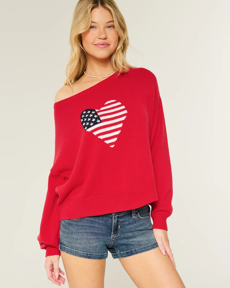 Easy Off-the-Shoulder Heart Flag Graphic Sweater