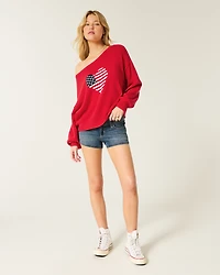 Easy Off-the-Shoulder Heart Flag Graphic Sweater