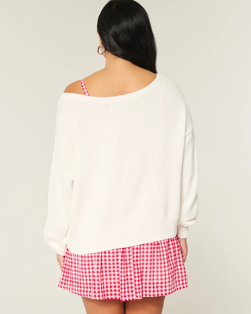 Slouchy Off-the-Shoulder Flag Heart Graphic Sweater