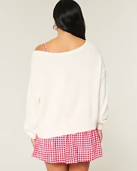 Slouchy Off-the-Shoulder Flag Heart Graphic Sweater
