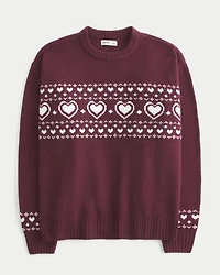 Oversized Heart Pattern Crew Sweater