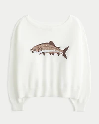 Easy Off-the-Shoulder Fish Graphic Sweater