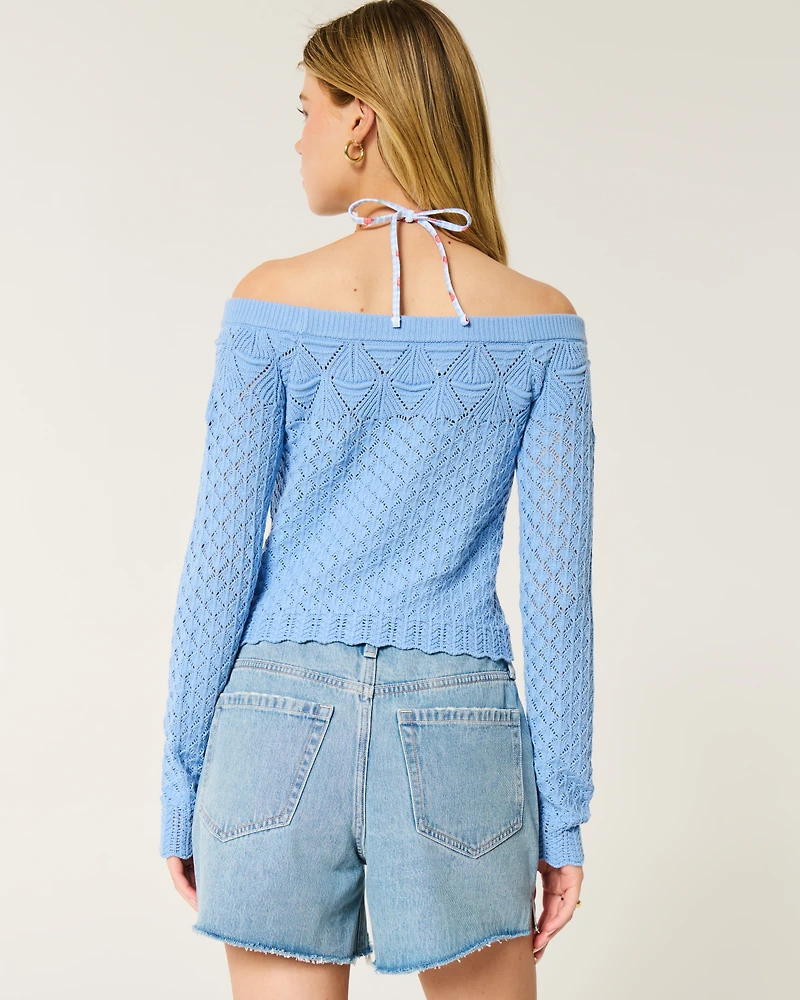 Stitchy Crochet-Style Off-the-Shoulder Sweater