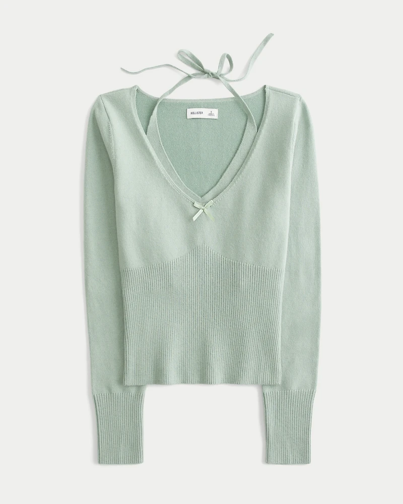 Long-Sleeve Halter Tie Sweater