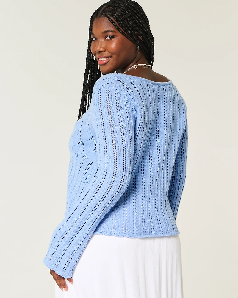 Crochet-Style Tie-Front Textured Sweater