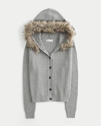 Hooded Faux Fur Trim Cardigan