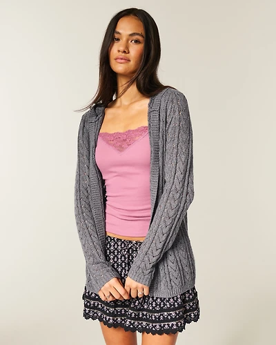 Hooded Open-Stitch No-Close Cardigan