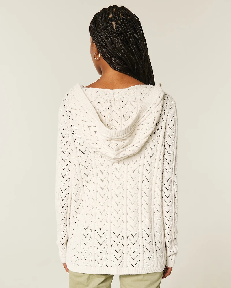Hooded Open-Stitch No-Close Cardigan