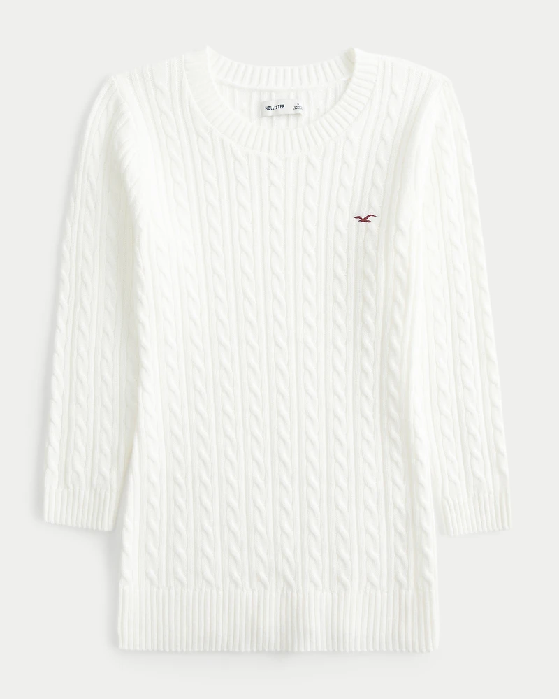 Three-Quarter Sleeve Cable-Knit Crew Sweater