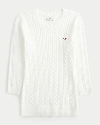 Three-Quarter Sleeve Cable-Knit Crew Sweater