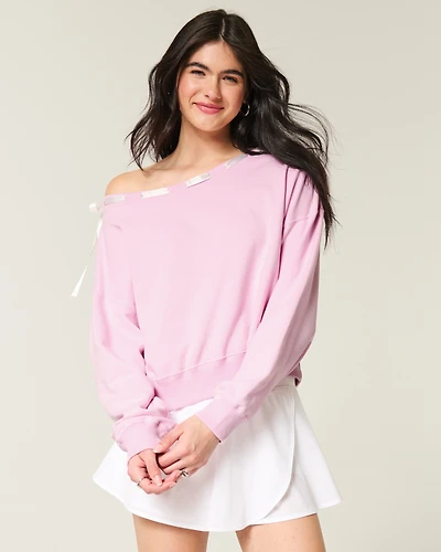 Off-the-Shoulder Tie Sweatshirt
