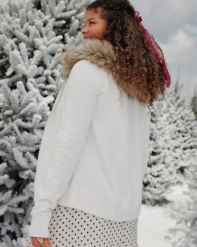 Faux Fur Trim Logo Graphic Zip-Up Hoodie