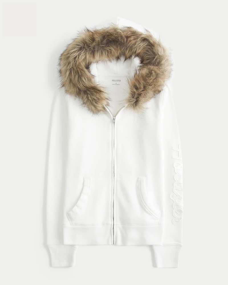 Faux Fur Trim Logo Graphic Zip-Up Hoodie