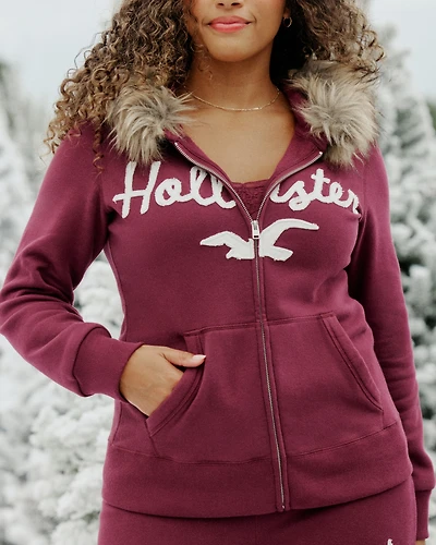 Faux Fur Trim Logo Graphic Zip-Up Hoodie
