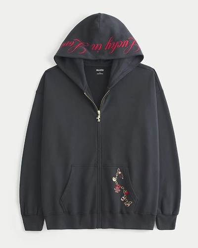Oversized Zip-Up Lucky Love Graphic Hoodie