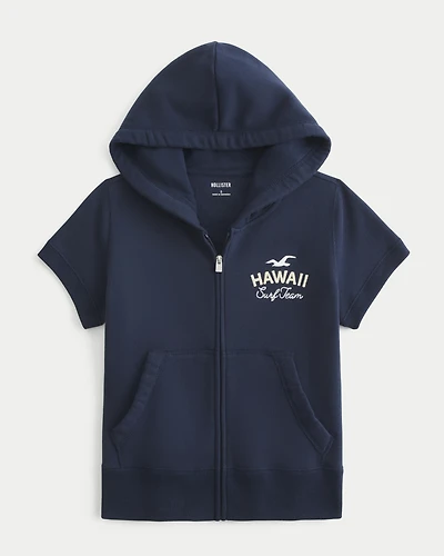 Short-Sleeve Zip-Up Logo Graphic Hoodie