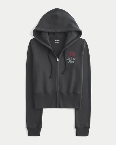Terry Zip-Up Rose Graphic Hoodie