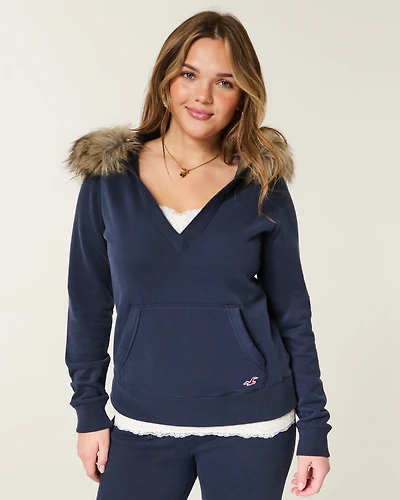 Hollister Feel Good Faux Fur Trim V-Neck Hoodie