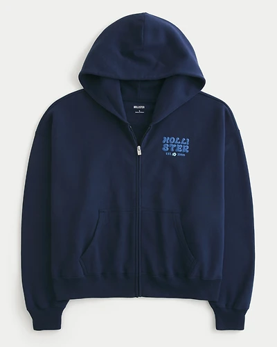 Hollister Feel Good Easy Zip-Up Logo Graphic Hoodie
