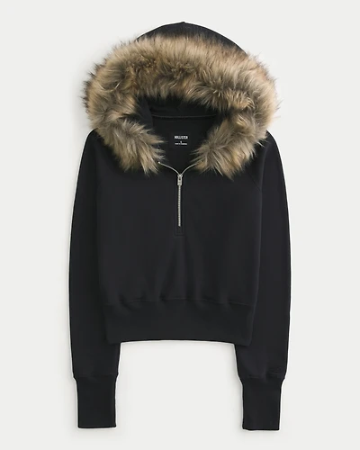 Faux Fur Trim Half-Zip Hoodie