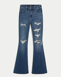 High-Rise Ripped Dark Wash Flare Jeans