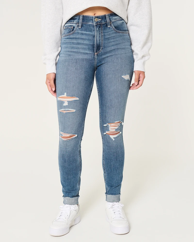 Curvy High-Rise Ripped Medium Wash Super Skinny Jeans