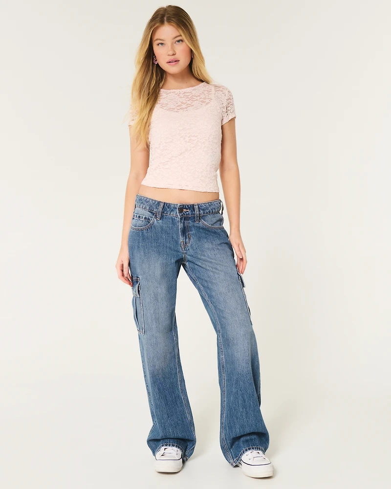 Low-Rise Medium Wash Cargo Baggy Jeans