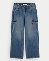 Low-Rise Medium Wash Cargo Baggy Jeans