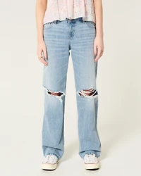 Low-Rise Ripped Light Wash Loose Jeans
