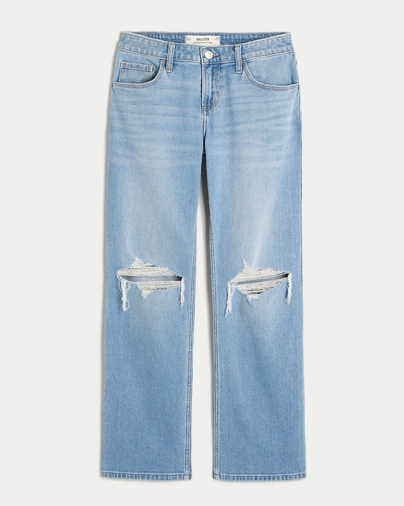 Low-Rise Ripped Medium Wash Relaxed Straight Jeans