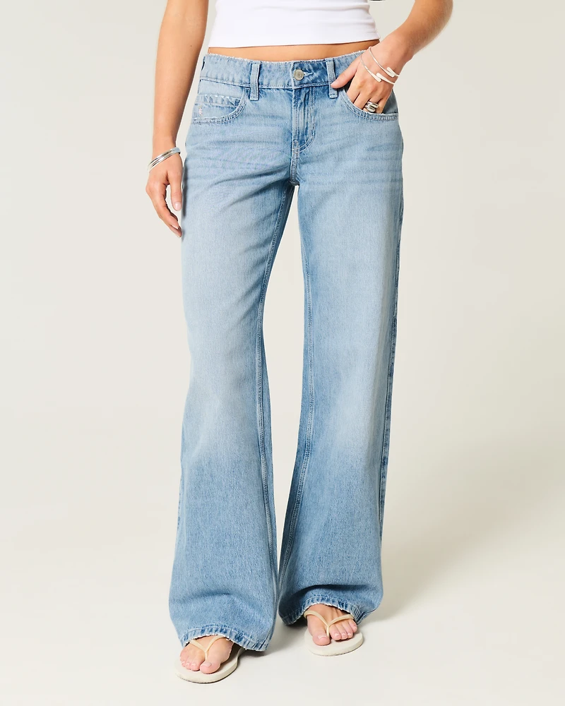 Low-Rise Medium Wash Floral Embroidery Baggy Jeans