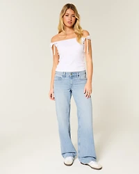 Low-Rise Light Wash Studded Bows Baggy Jeans