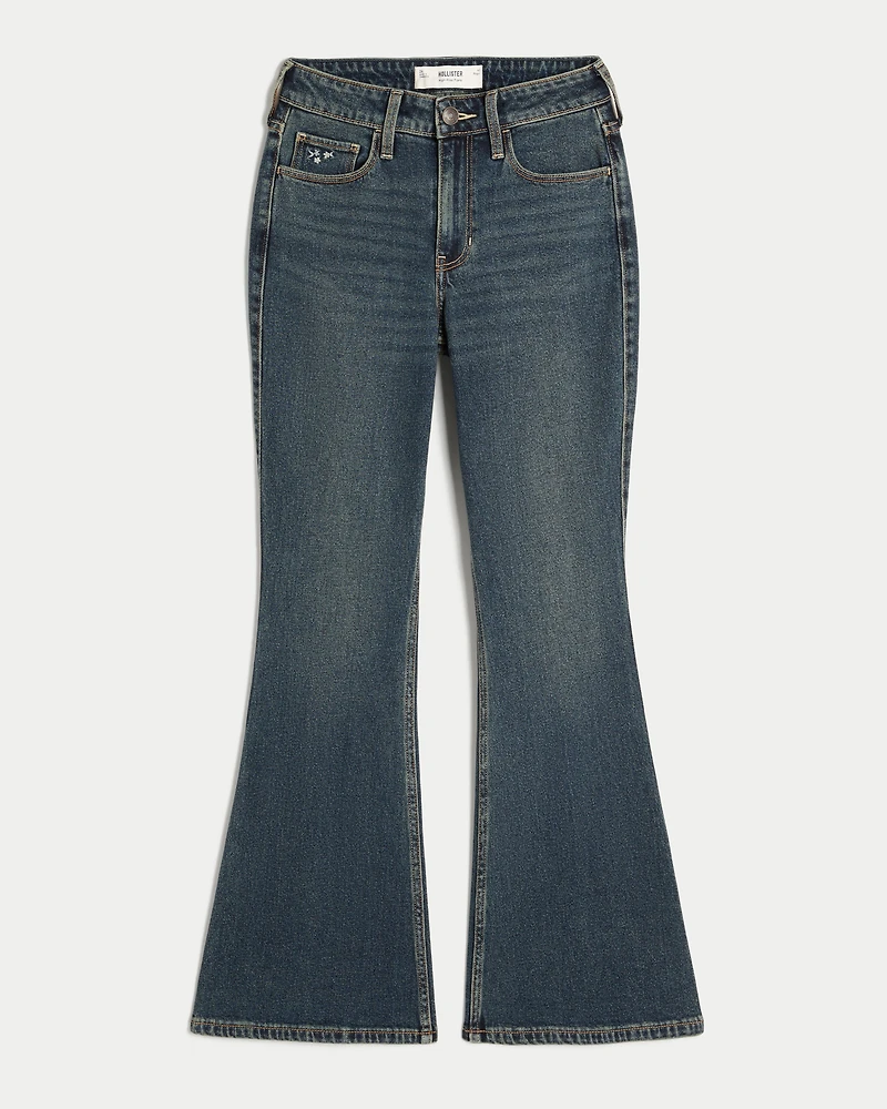 High-Rise Dark Wash Embroidered Florals Flare Jeans