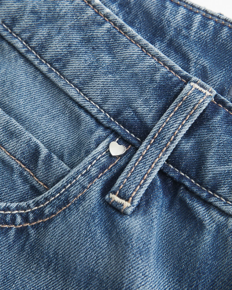 Low-Rise Medium Wash Studded Hearts Baggy Jeans