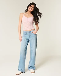 Low-Rise Light Wash Embroidered Bows Baggy Jeans