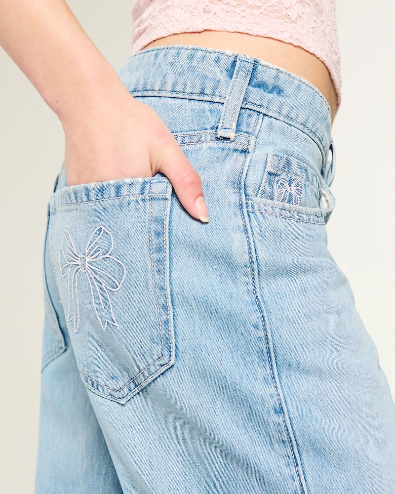 Low-Rise Light Wash Embroidered Bows Baggy Jeans