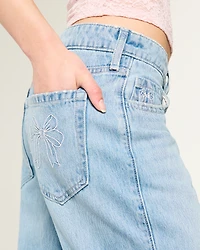 Low-Rise Light Wash Embroidered Bows Baggy Jeans
