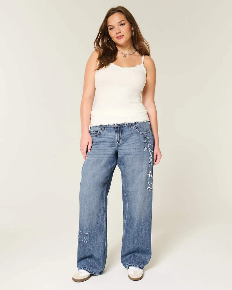 Low-Rise Dark Wash Class of '26 Embroidered Baggy Jeans