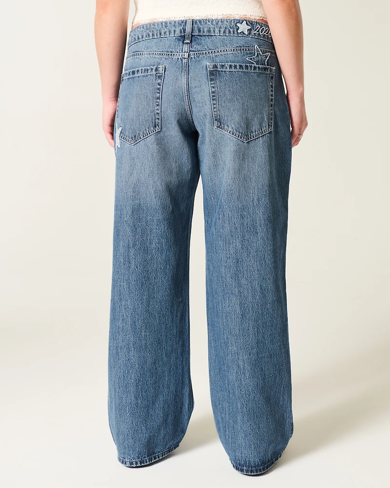 Low-Rise Dark Wash Class of '26 Embroidered Baggy Jeans