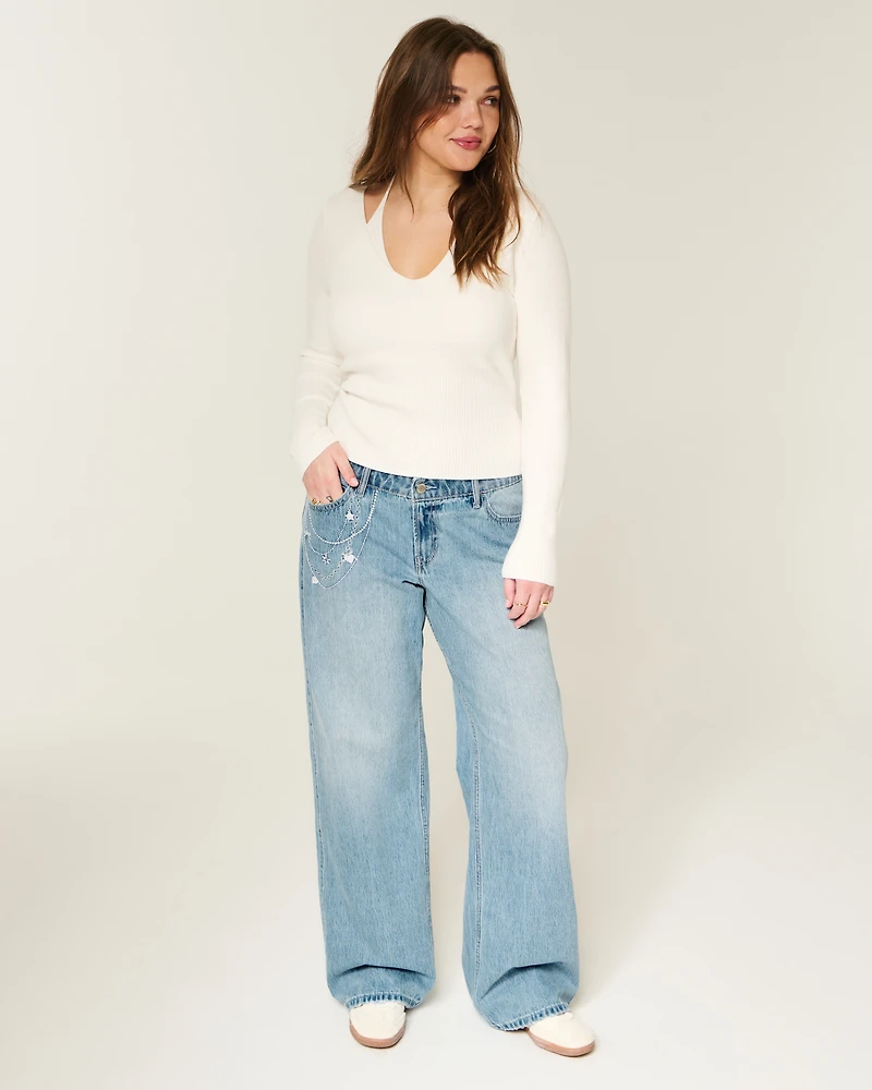 Low-Rise Light Wash Chain Embroidery Baggy Jeans