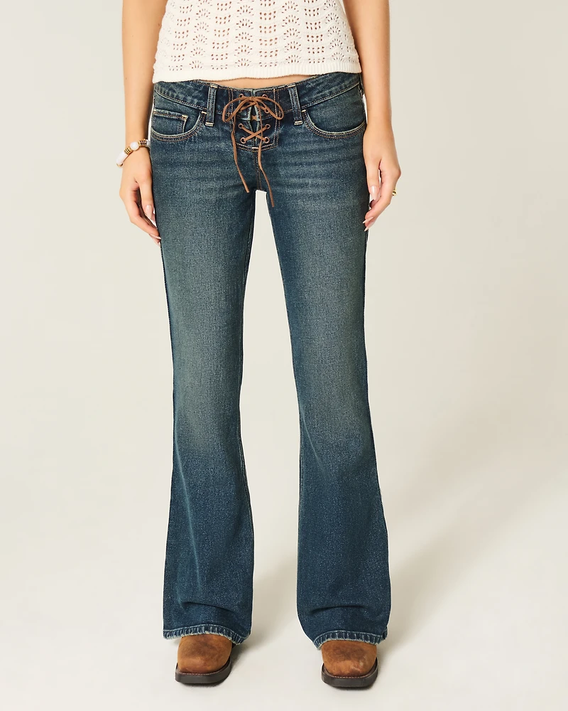 Ultra Low-Rise Dark Wash Lace-Up Flare Jeans