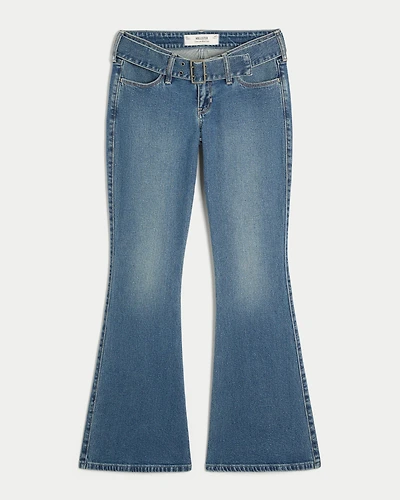 Ultra Low-Rise Dark Wash Belted Flare Jeans