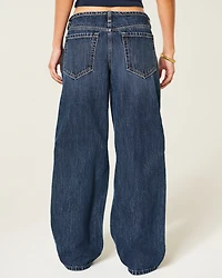 Ultra Low-Rise Mini Waistband Dark Wash Baggy Jeans