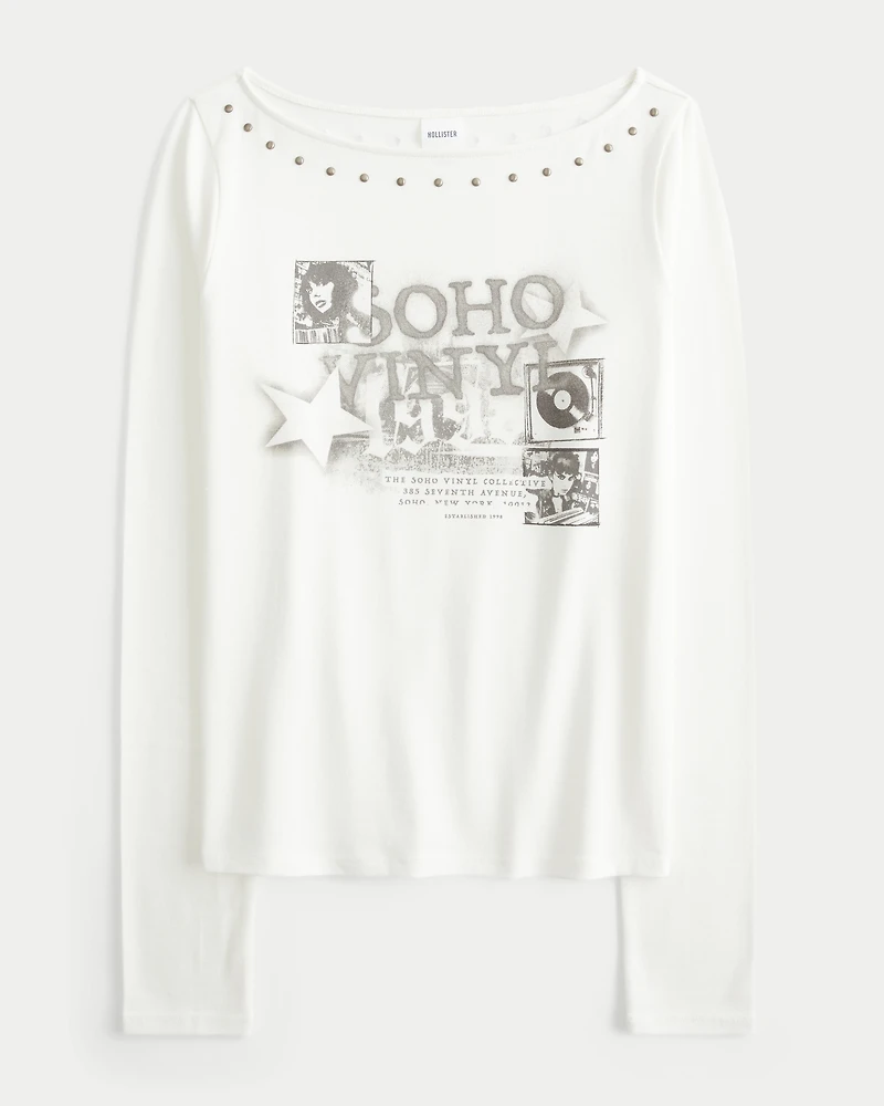 Studded SoHo Graphic Slash-Neck Top